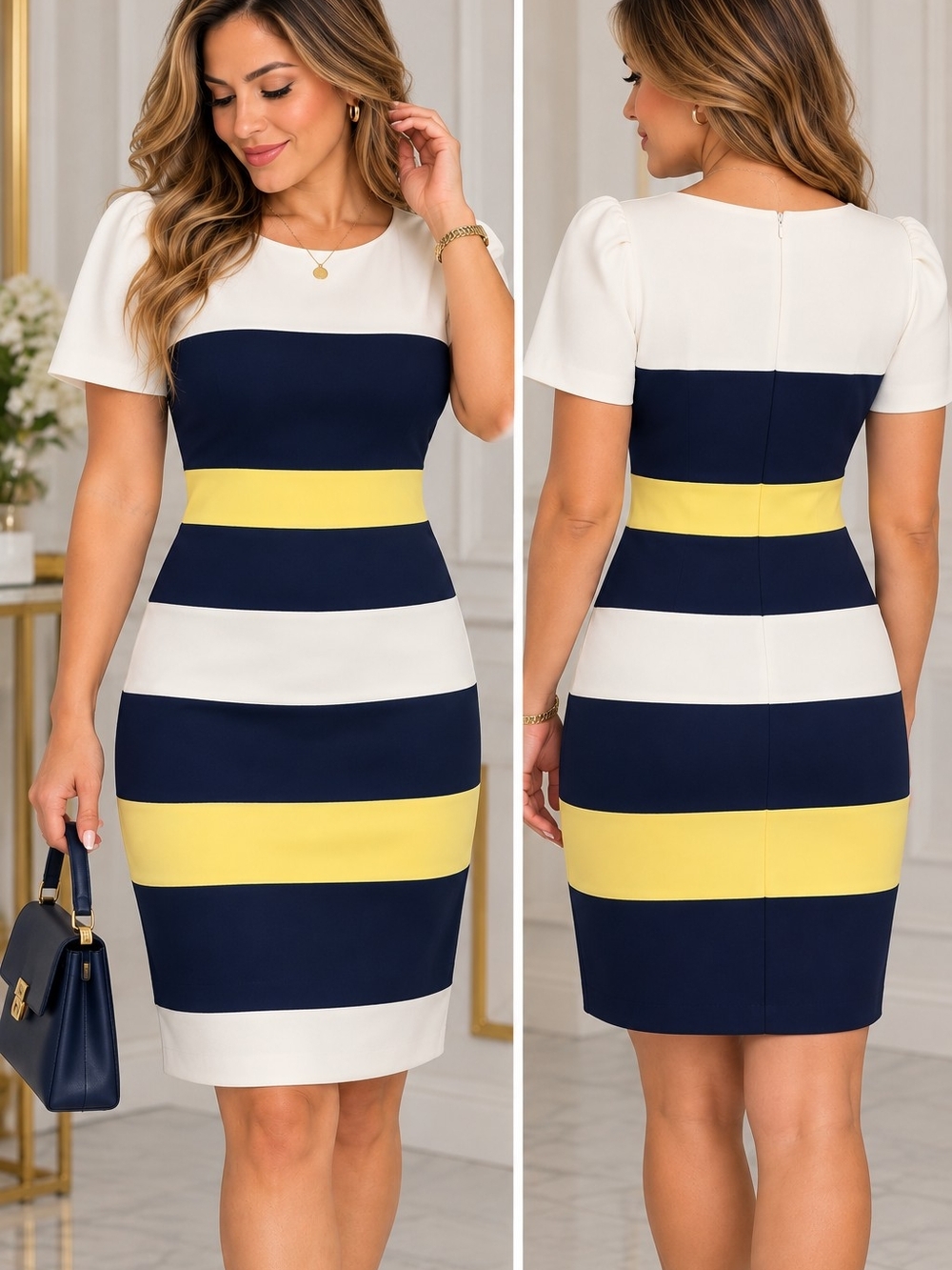 Tommy Hilfiger Navy, Yellow & White Striped Sheath Dress